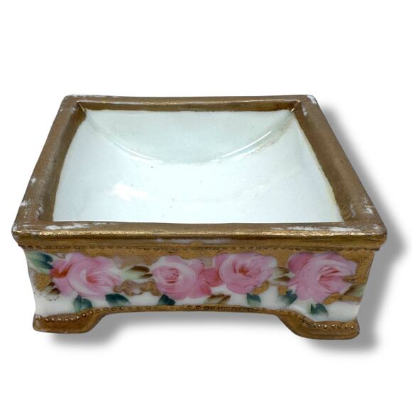 Vintage Nippon Trinket Dish 3.25" Gold Pink Rose Square Porcelain Hand-Painted - Picture 1 of 10